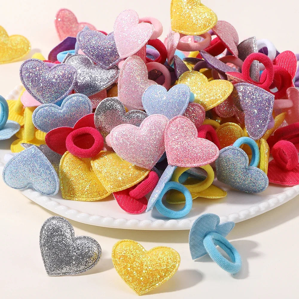 10/20pcs Girls Pink Heart Star Children Hair Loop No Harm Hair Cartoon Towel Rope Ponytail Holder Mini Rubber Band Kids Headwear