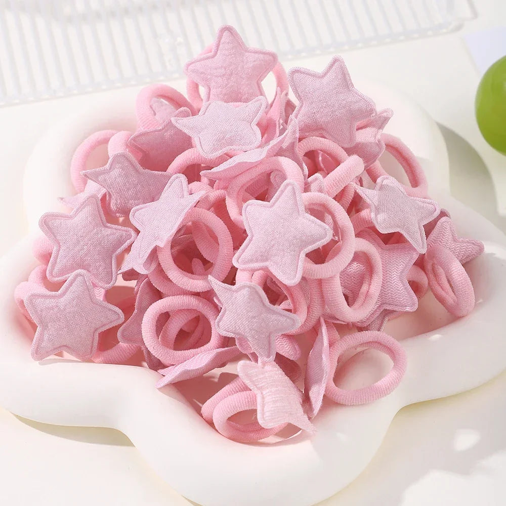 10/20pcs Girls Pink Heart Star Children Hair Loop No Harm Hair Cartoon Towel Rope Ponytail Holder Mini Rubber Band Kids Headwear