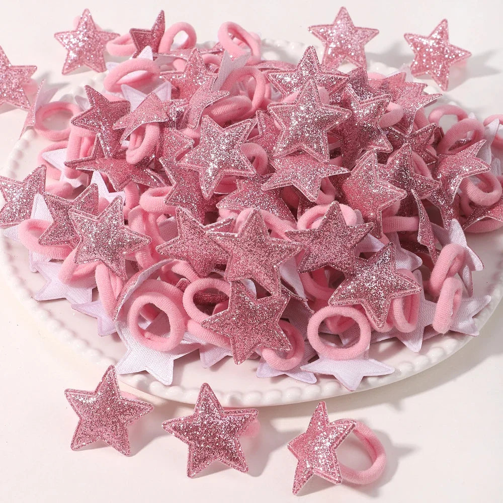 10/20pcs Girls Pink Heart Star Children Hair Loop No Harm Hair Cartoon Towel Rope Ponytail Holder Mini Rubber Band Kids Headwear