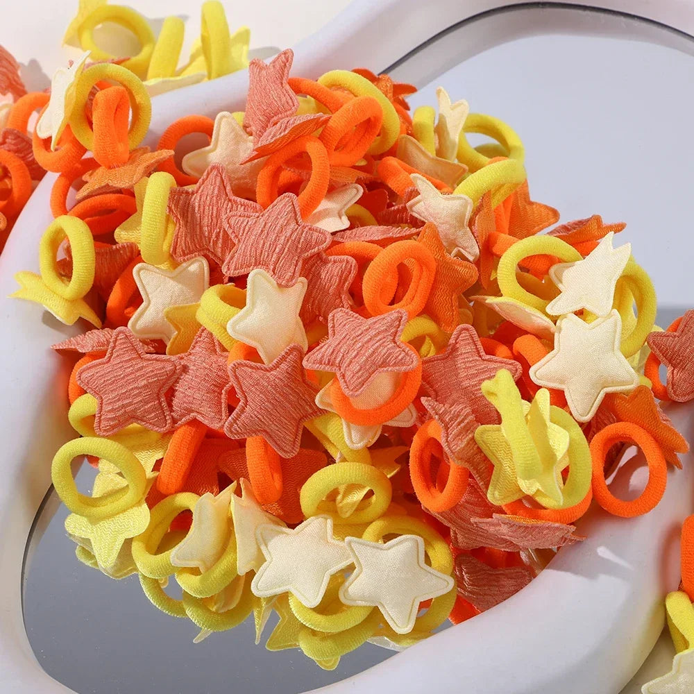 10/20pcs Girls Pink Heart Star Children Hair Loop No Harm Hair Cartoon Towel Rope Ponytail Holder Mini Rubber Band Kids Headwear