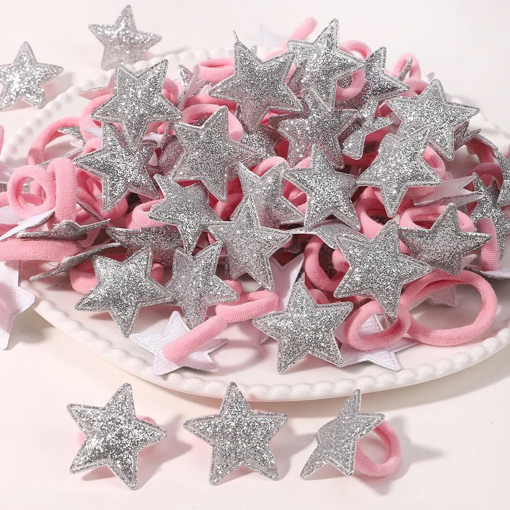 10/20pcs Girls Pink Heart Star Children Hair Loop No Harm Hair Cartoon Towel Rope Ponytail Holder Mini Rubber Band Kids Headwear